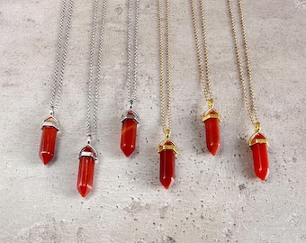 Carnelian Crystal Pendant Necklace: Gold or Silver Chain, Energy Stone