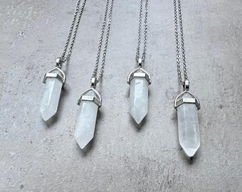 Collar de punta de cristal de cuarzo transparente natural - Cadena de acero inoxidable, colgante de piedra preciosa