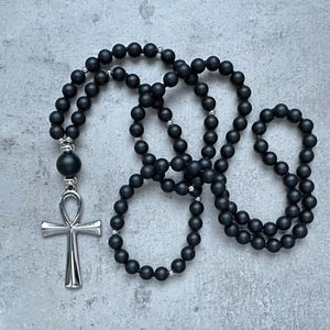 Matte Black Onyx Necklace, Ankh Cross Necklace, Black Beaded Necklaces, Black Agate Cross Jewelry, Long Beaded Hand Knotted Necklace for Man