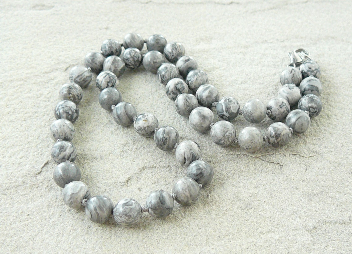 Gray Jasper Necklace for Man and Women 8mm Grey Beaded Etsy