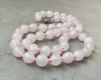 Rose Quartz Necklace, Natural Rose Quartz Necklace for Women, Hand Knotted Gemstone Necklace, Beaded Necklaces, Rose Quartz Jewelry