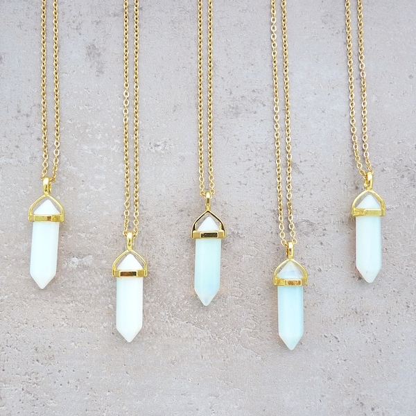 Opalite Crystal Necklace, Gold Opal Pendant Necklace for Women Gift, Opalite Bullet Necklace, Layering Necklace, Crystal Point Necklaces