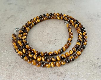 Tiger Eye Necklace, Mens Necklace, 6mm Natural Tiger Eye Bead Necklace, Boyfriend gift idea, Tigers bead choker mens, Long necklace for men