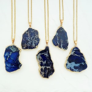 Blue Jasper Necklace Sea Sediment Jasper Necklace Blue Gold Pendant Necklace Imperial Jasper Necklace For Men Women Long Regalite Necklace