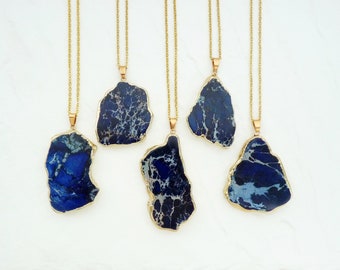 Collier en jaspe bleu Collier en jaspe sédiments marins Collier pendentif en or bleu Collier en jaspe impérial pour hommes et femmes Collier long en régalite
