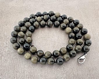 Golden Sheen Obsidian Necklace Hand Knotted 8mm Natural Black Gemstone Beaded Necklaces Adjustable Length