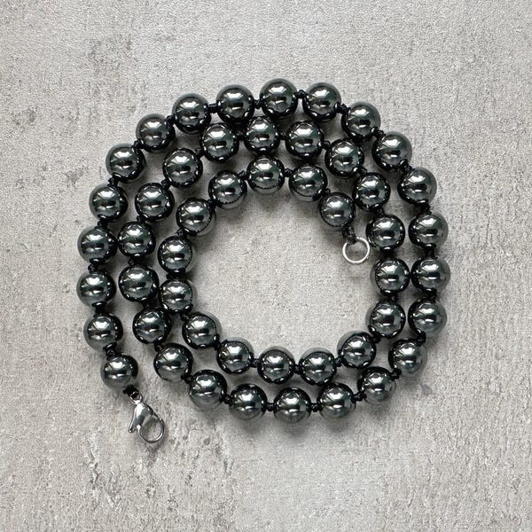 Hematite necklace 8mm hematite bead necklaces for men silver hematite jewelry for boyfriend gift idea hand knotted dark gray necklace choker