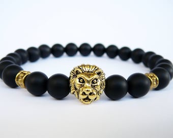 Löwen-Armband für Herren, mattschwarzer Onyx-Schmuck für Freund, Geschenk, Stretch-Perlenarmbänder für Männer, goldenes Löwenkopf-Armband für ihn