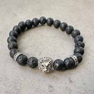 Lion bracelet for mens Black lava bracelet Lava Rock bracelet for Men bracelet  Lion jewelry mens beaded bracelet boyfriend gift for men