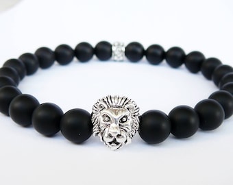 Lion bracelet Black bead bracelet for men gift Matte black onyx men's bracelet Stretch beaded bracelet for mens jewelry Lion head bracelet