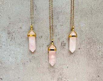 Rose Quartz Pendant Necklace, Natural Bullet Crystal, Gold Plated Brass Chain, Lobster Clasp, Healing Stone Jewelry
