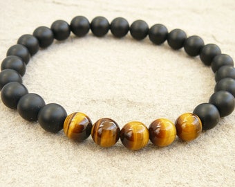 Tiger eye bracelet for mens gemstone bracelet Matte black onyx man jewelry Stretch bead bracelet gift for men bracelets boyfriend gift