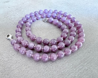 Lepidolite Beaded Necklace, 6mm Lepidolite Necklaces, Genuine Lepidolite Hand Knotted Necklace for Women, Purple Lepidolite Jewelry Gift