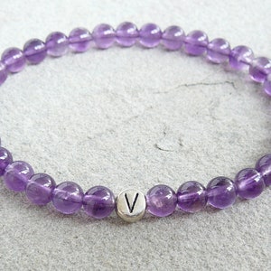 Amethyst initial bracelet 6mm genuine amethyst bracelet for women letter bead customized bracelet gemstone personalized jewelry gift for her