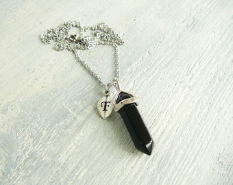Black onyx necklace for men or women letter necklace gift pendant initial charm necklace for boyfriend silver black crystal point jewelry