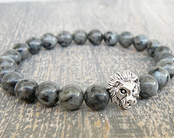 Lion bracelet for men's Lion Labradorite bracelet Gray gemstone stretch beaded bracelet Lion head jewelry gift for man bead bracelet for men