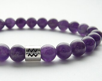 Amethyst bracelet Aquarius beaded bracelet Zodiac bead bracelet February mens gift for women Birthstone bracelet Astrology jewelry for her