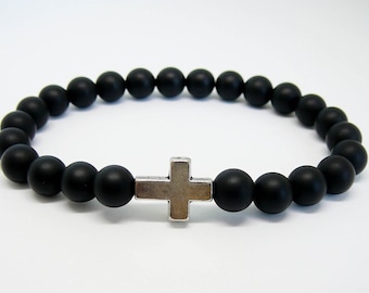 Men's cross bracelet for man black bracelet cross jewelry Black onyx bracelet with cross beaded bracelet for boyfriend gift for men jewelry