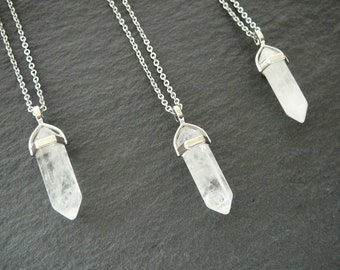 Clear quartz necklace, Mens womens natural crystal quartz pendant, Healing crystal jewelry, Clear quartz silver point necklace Long necklace