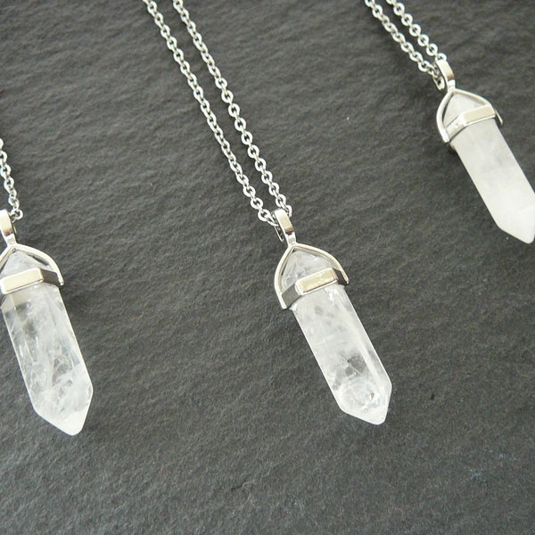 Clear quartz necklace, Mens womens natural crystal quartz pendant, Healing crystal jewelry, Clear quartz silver point necklace Long necklace