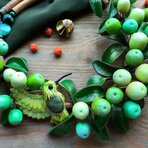 Green Olive necklace with hummigbird Statement botanical jewelry Chunky necklace with bird Plant Berry necklace Vegan Unusual art jewellery