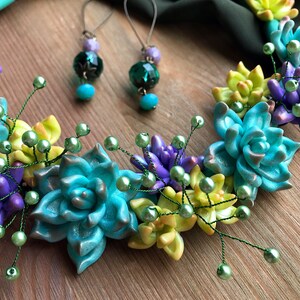 Mint Lilac Succulent necklace & earrings OOAK Statement necklace Plant botanical necklace Pastel colors jewelry Unique mom wife jewelry gift image 9