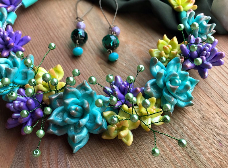 Mint Lilac Succulent necklace & earrings OOAK Statement necklace Plant botanical necklace Pastel colors jewelry Unique mom wife jewelry gift image 9