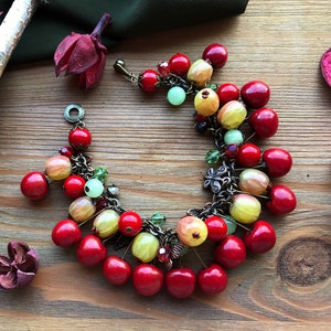 Red Cherry Gooseberry bracelet with onyx & coral Summer berry bright jewelry Garden Nature Botanical Vegan jewellery Chunky charm bracelet image 1