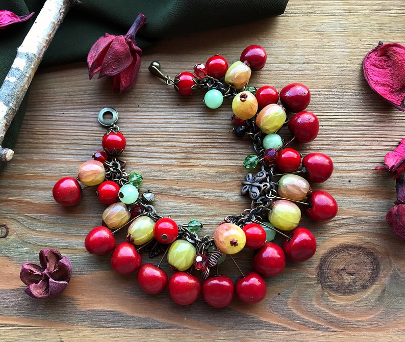 Red Cherry Gooseberry bracelet with onyx & coral Summer berry bright jewelry Garden Nature Botanical Vegan jewellery Chunky charm bracelet image 1