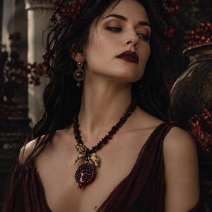 Garnet Pomegranate Necklace: Red stone Elegant Jewelry, Persephone Goddes, Valentine day