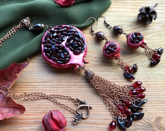 Garnet pomegranate necklace Garnet pendant earrings with chain tassel Persephone love jewelry gift Mom Wife birthday gift Vegan Fruit jewelr