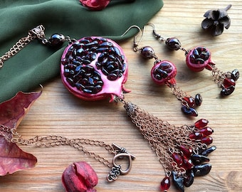 Garnet pomegranate necklace Garnet pendant earrings with chain tassel Persephone love jewelry gift Mom Wife birthday gift Vegan Fruit jewelr