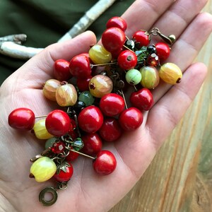 Red Cherry Gooseberry bracelet with onyx & coral Summer berry bright jewelry Garden Nature Botanical Vegan jewellery Chunky charm bracelet image 5
