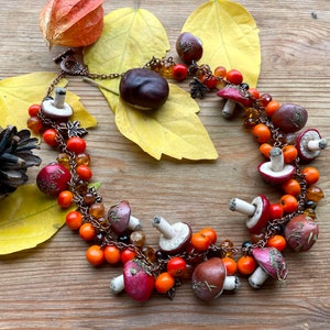 Mushroom Forest necklace with rowan berries, cornelian, tiger eye stones Fall Autumn color jewelry Woodland necklace Vegan Witch jewelry