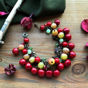 Red Cherry Gooseberry bracelet with onyx & coral Summer berry bright jewelry Garden Nature Botanical Vegan jewellery Chunky charm bracelet image 6