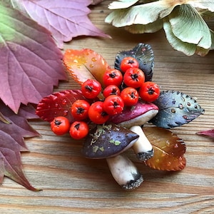 Autumn Mushroom Brooch:Rowan Berry Pin, Fall Forest nature, Woodland jewelry, Witchy accessory