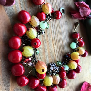 Red Cherry Gooseberry bracelet with onyx & coral Summer berry bright jewelry Garden Nature Botanical Vegan jewellery Chunky charm bracelet image 9