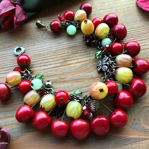 Red Cherry Gooseberry bracelet with onyx & coral Summer berry bright jewelry Garden Nature Botanical Vegan jewellery Chunky charm bracelet image 4