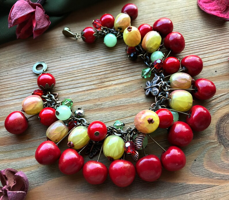 Red Cherry Gooseberry bracelet with onyx & coral Summer berry bright jewelry Garden Nature Botanical Vegan jewellery Chunky charm bracelet image 4