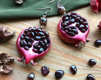 Garnet Pomegranate Earrings Chunky Fruit earrings Round Dark Red earrings Luxury Garnet jewelry Long evening earrings Festive trendy jewelry