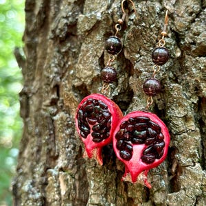 Pomegranate earrings with garnet Persephone Halloween jewellery costume Long earrings Garnet pomegranate statement jewelry Mid century style