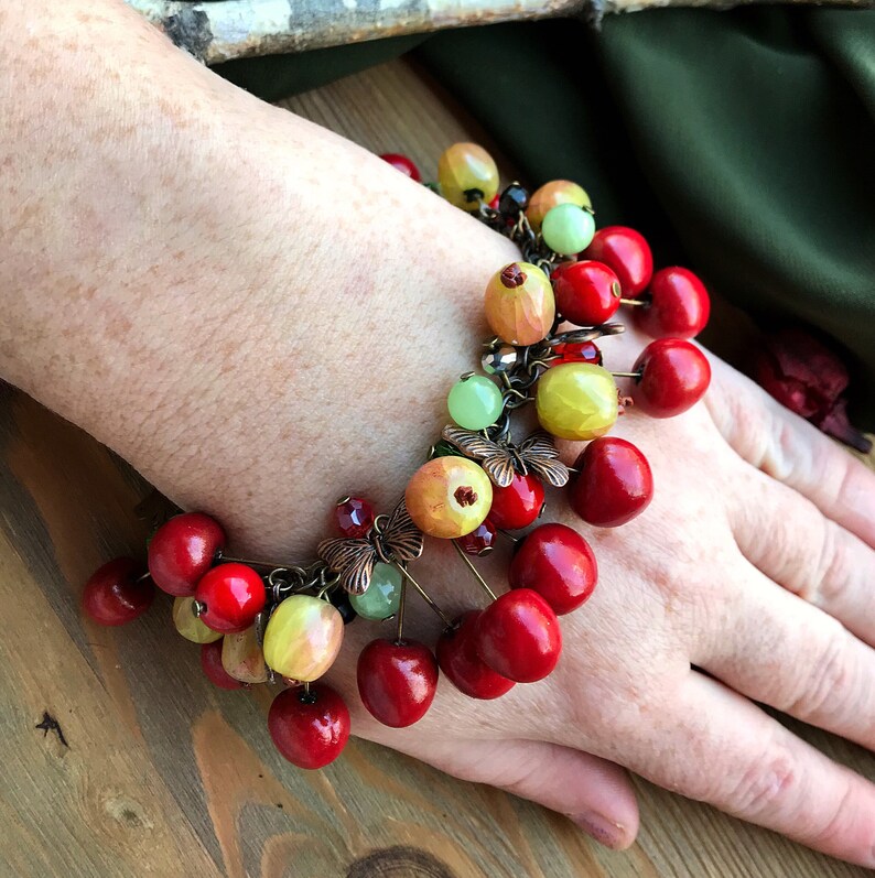 Red Cherry Gooseberry bracelet with onyx & coral Summer berry bright jewelry Garden Nature Botanical Vegan jewellery Chunky charm bracelet image 7