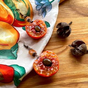 Peach Earrings: Rhinestone Rock Crystal, Tiger Eye Stone, Fruit jewelry, Summer Garden, Boranical jewellery