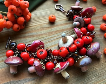 Pulsera de hongos: bayas de serbal, piedras de ojo de tigre y cornalina, joyas de bosque otoñal, colores de otoño, bruja