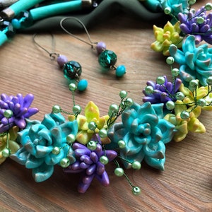 Mint Lilac Succulent necklace & earrings OOAK Statement necklace Plant botanical necklace Pastel colors jewelry Unique mom wife jewelry gift image 8