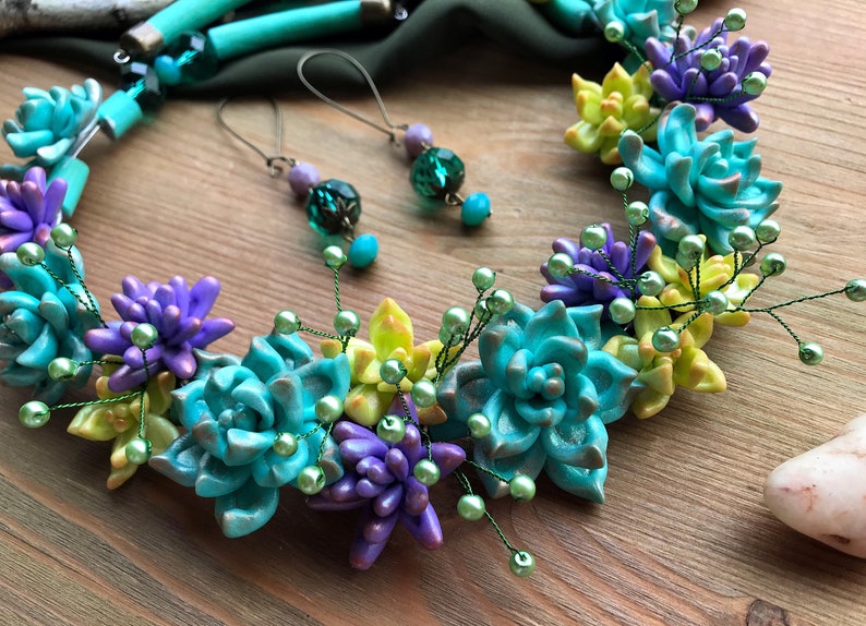 Mint Lilac Succulent necklace & earrings OOAK Statement necklace Plant botanical necklace Pastel colors jewelry Unique mom wife jewelry gift image 8