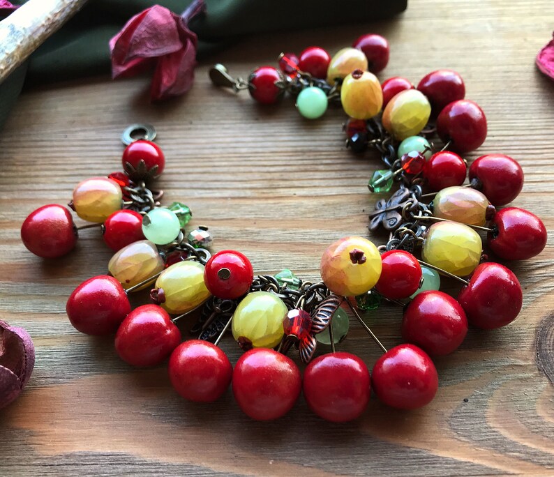 Red Cherry Gooseberry bracelet with onyx & coral Summer berry bright jewelry Garden Nature Botanical Vegan jewellery Chunky charm bracelet image 2
