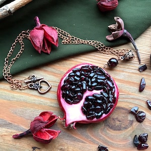 Garnet Pomegranate Necklace: Red Stone Vegan Pendant, January Birthstone, Persephone Halloween costume outfit, Fruit