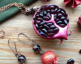 Garnet Pomegranate necklace pendant & earrings Garnet jewelry set Persephone goddes Halloween jewellery Art Fruit vegan gift Women birthday