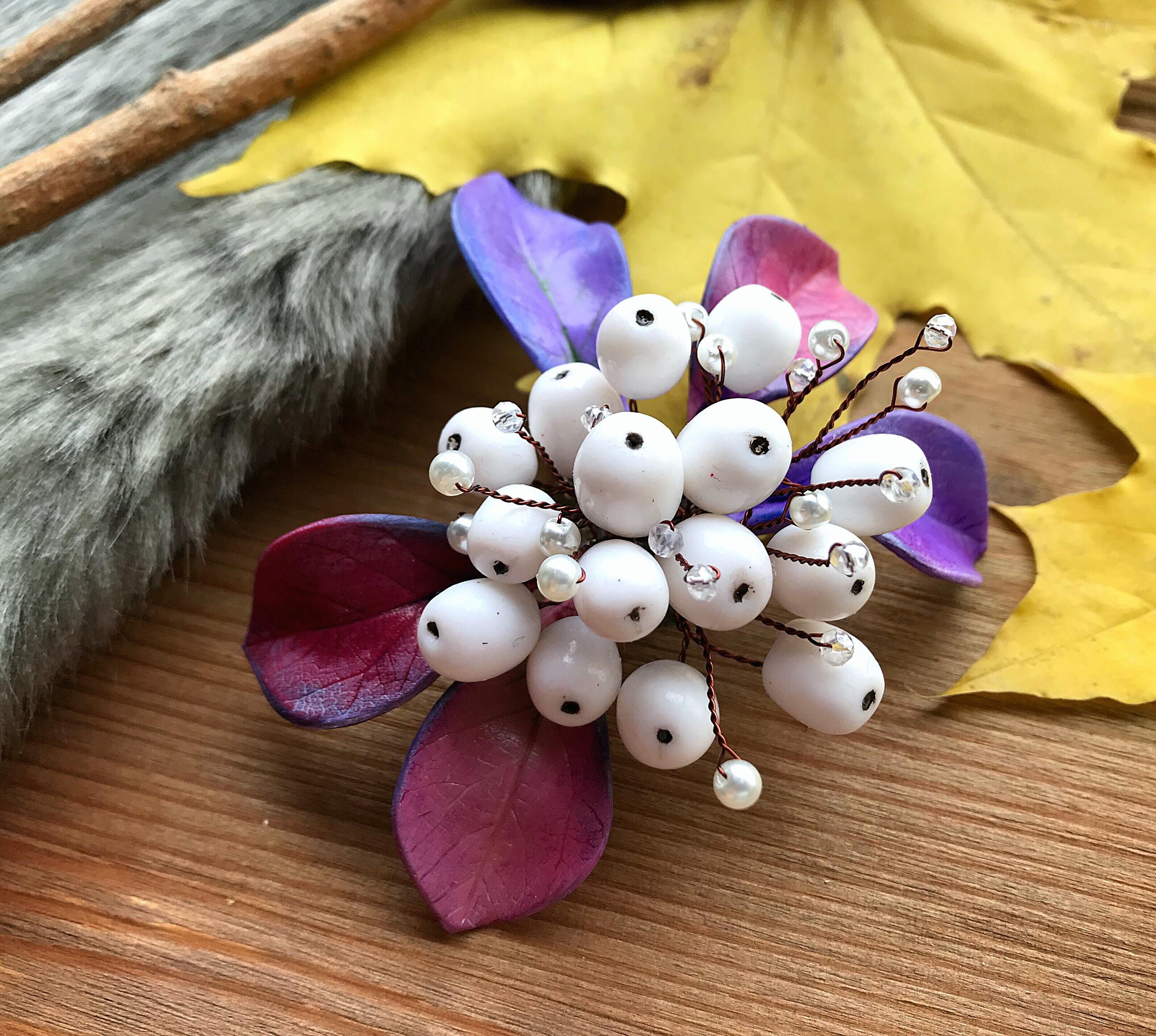 Snowberry Brooch With Pink Purple Leaves White Berry Brooch | Etsy